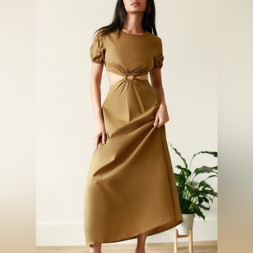 Staud Calypso Short Puff Sleeve Cutout Ruched Ring Maxi Dress Caper Green Sz XS